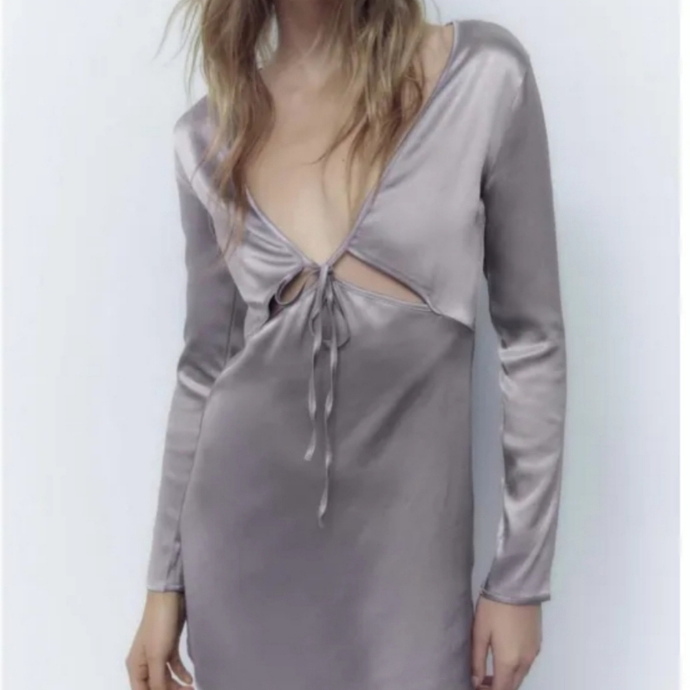 NWT Zara Silver Metallic Satin Cut Out Mini Dress S Party Cocktail Long Sleeve